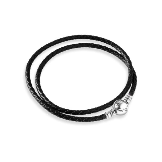 Men’s Black Leather Bracelet with Sterling Silver Charm – 925